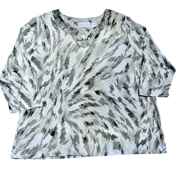 Alfred Dunner XL Embellished V-Neck 3/4 Sleeve Stretch Top Gray Abstract Print - Picture 1 of 6